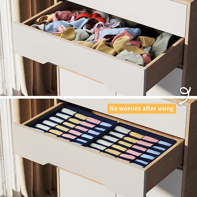 Joyoldelf Drawer Organizer - 2 Pack Underwear Holder, 24 Cells Collapsible Closet Organizer and Storage for Belts, Ties (Navy Blue)