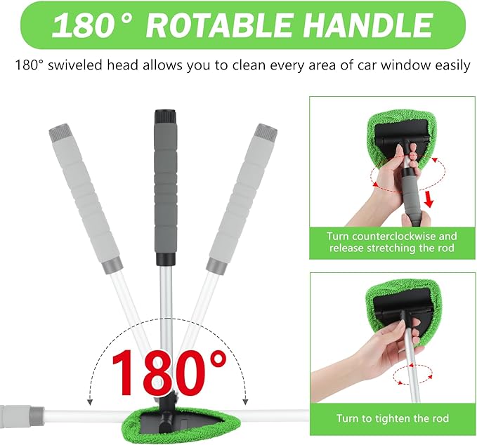 8 Pcs Car Window Cleaner Kit Triangle Shape Include Windshield Cleaning Tool with Extendable Handle 5 Microfiber Bonnets 1 Car Ventilation Brush 1 Empty 50ml Spray Bottle Glass Wiper Kits, Green