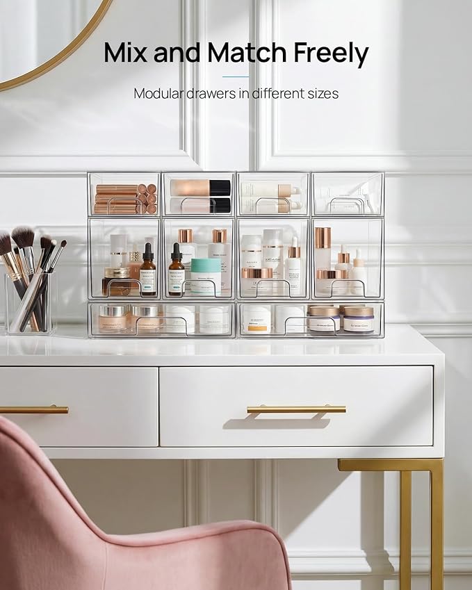8 Pack Small Clear Stackable Storage Drawers, Acrylic Bathroom Makeup Organizer