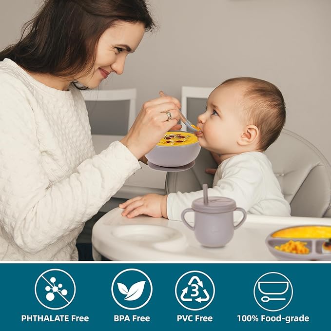 100% Silicone Baby Feeding Set, BPA Free, 9 Pcs: Suction Bowl, Divided Plate, Toddler Self Feeding Dish Set with Spoons, Forks, Sippy Cup, Bib, Beige