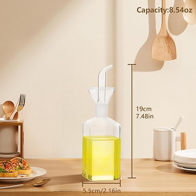 Olive Oil Dispenser, Olive Vinegar Cruet, Cooking Wine Container Salad Dressing Glass Oil Bottle, Vinaigrette Oil Dispenser for Kitchen or BBQ (8.5 oz, Set of 2)