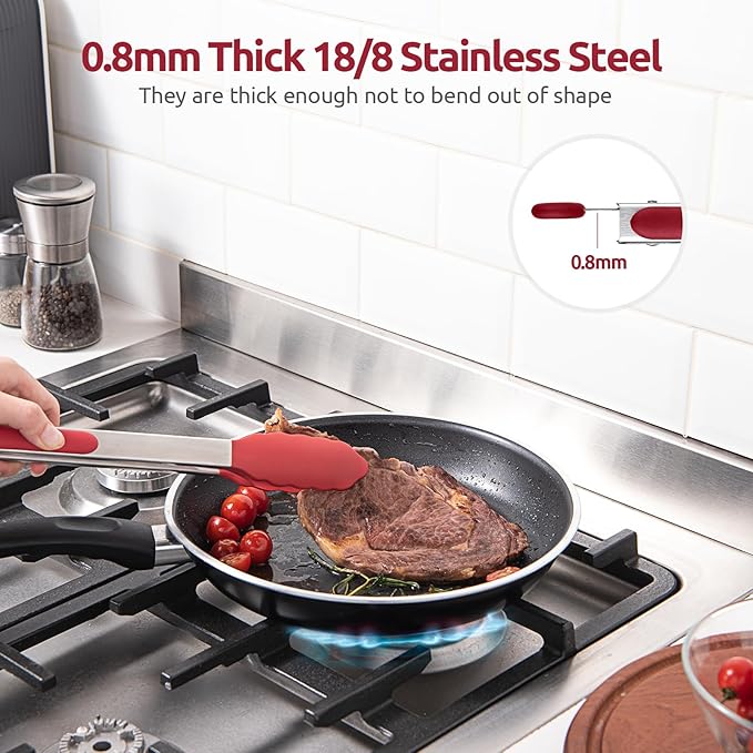 600ºF Heat Resistant Kitchen Tongs: U-Taste 9+12 inch Silicone Cooking Tong Set with Firm Sealed Non Stick Rubber Tips and Silicon Coated 18/8 Stainless Steel Handle for Serving Grilling Salad(Red)