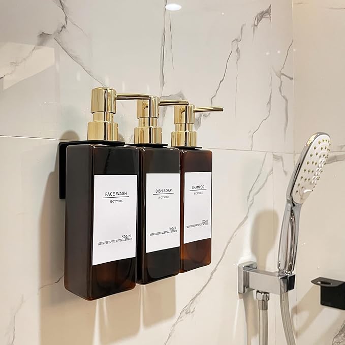 Shampoo Dispenser for Shower Wall, Shampoo and Conditioner Dispenser with 16 Waterproof Labels, No Drill Shower Soap Dispenser Bathroom, Shower Soap Dispenser Wall Mounted 3 Chamber, 17oz, Gold Amber