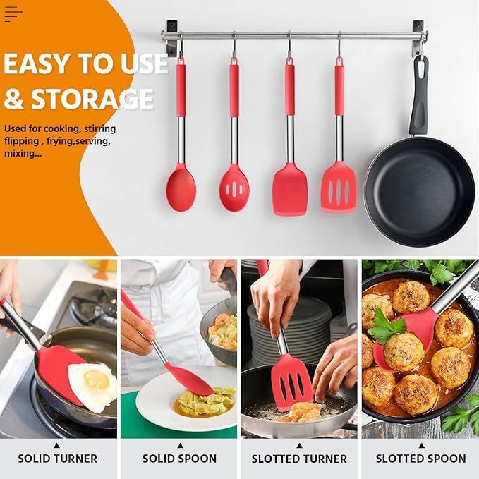 Cooking Utensils Set of 4, E-far Silicone Kitchen Utensils for Non-stick Cookware, Heat Resistant & Non-toxic Slotted Spatula Solid Spoon Turner for Flipping Mixing Serving Basting(Red)