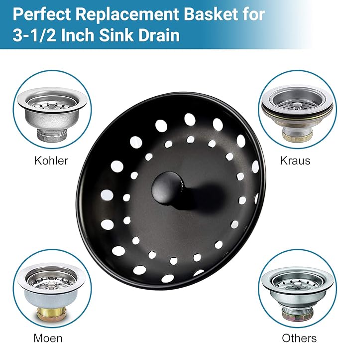 KONE Black Sink Basket Strainer Drain Stopper, 2 Pack Stainless Steel Matte Black Kitchen Sink Strainer Fit for Universal 3-1/2 inch Kitchen Sink