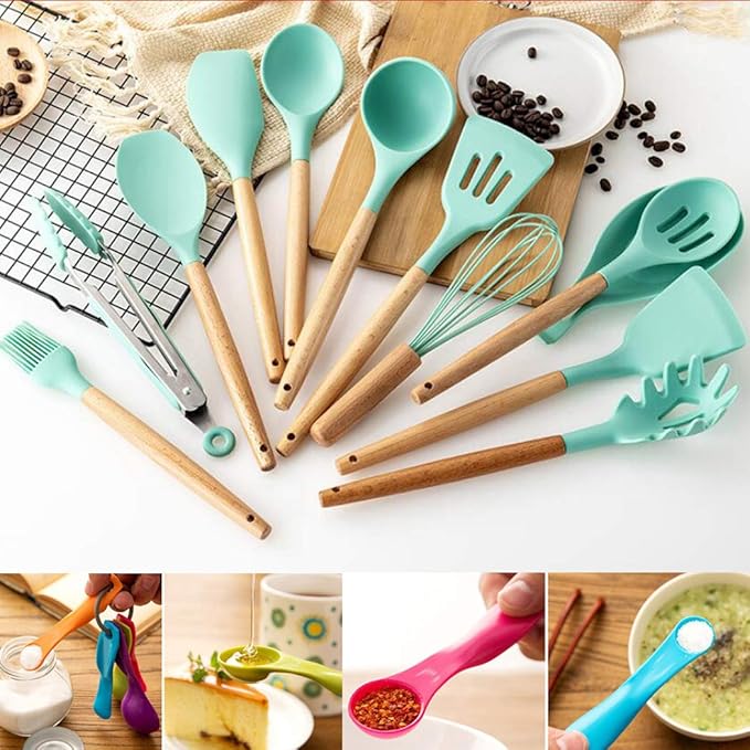 17PCS Silicone Utensils Set with Wooden Handle Heat Resistant Cookware Utensils Kit Easy To Clean Kitchenware Kitchen Tools for Non-Stick Cookware - Drak Green