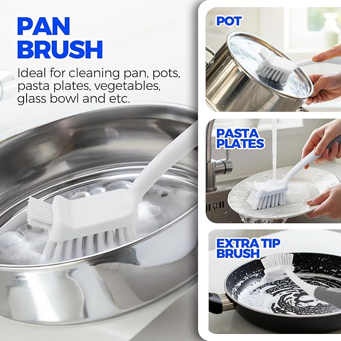 Holikme 6 Pack Dish Brush Set with Bottle Brush, Dish Scrub Brush, Pan Brush and 3 Straw Brushes, Deep Cleaning Handle Brush with Scraper Tip for Kitchen Sink Dishes Bottle Cup Pot and Pans (Gray)