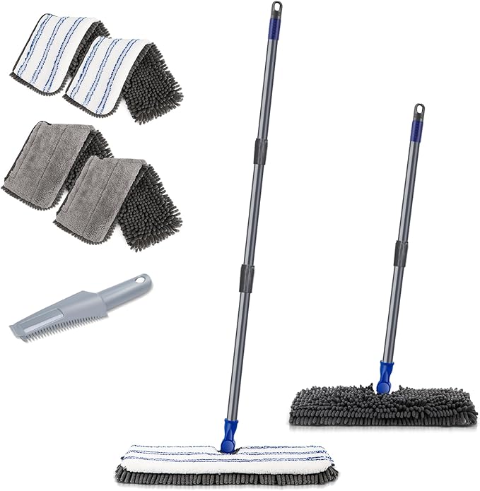 Two Sided Dust Mop Floor Cleaning System, MASTERTOP 360 Microfiber Mop with Stainless Steel Handle,Wet Dry Mop,Flat Flip Mops for Hardwood, Laminate, Vinyl, Tiles,4 Washable Mops Pads