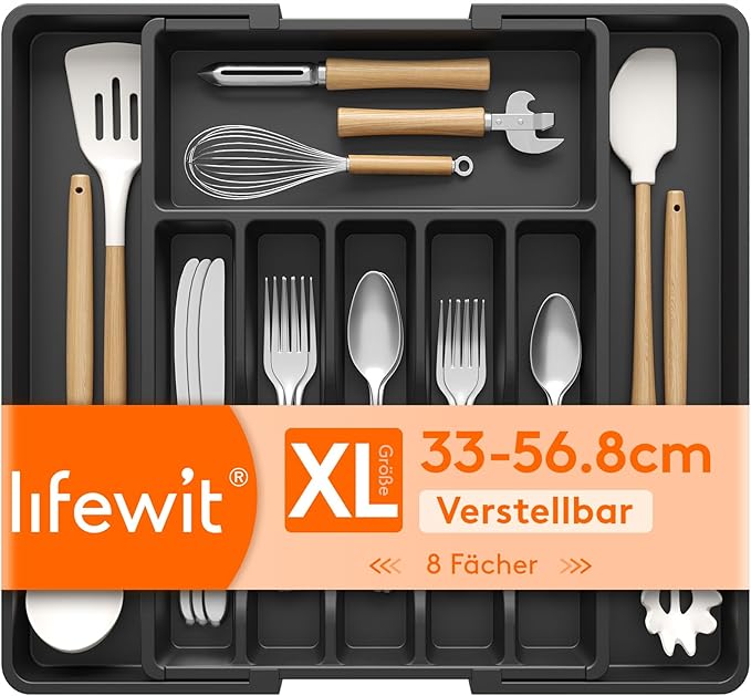 Lifewit Silverware Drawer Organizer, Expandable Utensil Tray for Kitchen, BPA Free Flatware and Cutlery Holder, Adjustable Plastic Storage for Spoons Forks Knives, 33 -57 x 42cm, Black