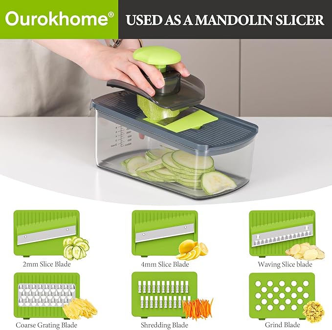 Ourokhome Food Chopper Manual Hand with Container, Mandolin Vegetable Slicer Onion Dicer with 8 Blades, Veggie Shredder for Potato, Tomato, Essential Kitchen Gadgets (8 in 1, Gray)