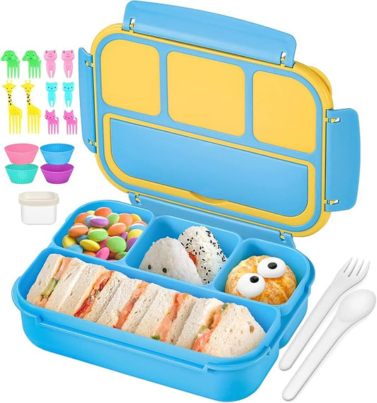 QQKO Bento Lunch Box for Kids Girls Boys, Toddler Kids Lunch Boxes for School, Lunch Containers for Adults with 4 Compartments, Sauce Container