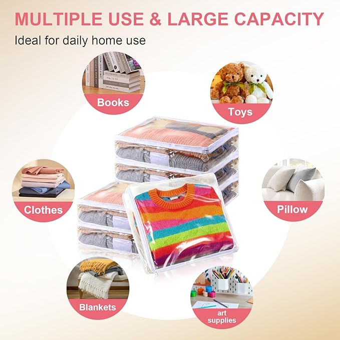 Kifmurase 6Pcs Clear Storage Bags, Plastic Blanket Storage with Zipper, Moving Bags, Closet Organizers for Comforter, Clothes, Blankets, Sweater, Bed Sheet, Bedding (15.7 x 13.8 x 3.9 Inch)