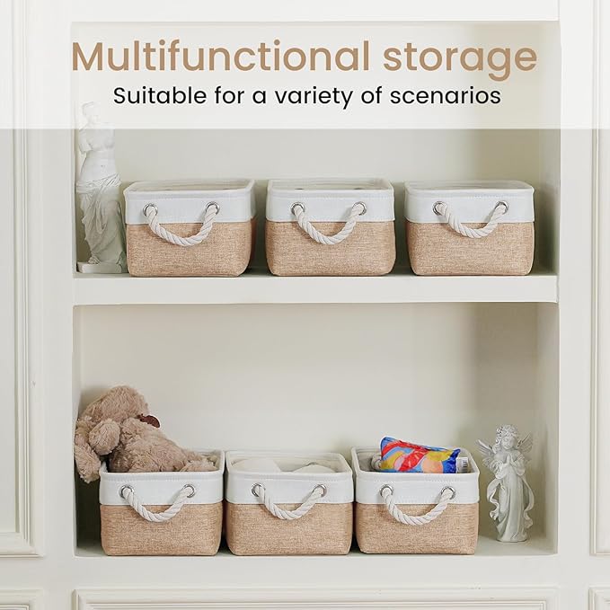 Storage Baskets for Shelves 11.8x7.9x5.2 Inch, Foldable Fabric Storage Bins with Handles, Small Storage Baskets for Organizing Closet, Office, Home Organization (6-Pack, White&Khaki)