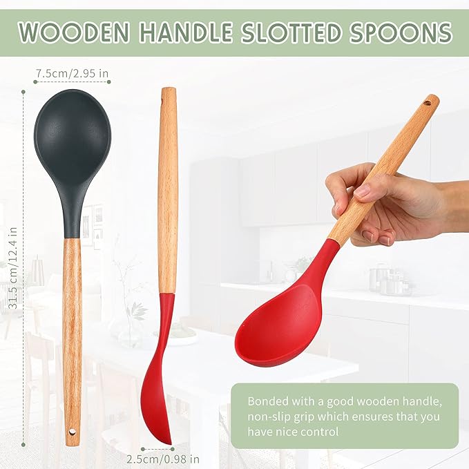 Patelai 2 Pieces Silicone Nonstick Mixing Spoon Kitchen Cooking Spoons Serving Spoon with Wooden Handle Heat Resistant Utensil Spoons for Mixing, Baking, Serving and Stirring(Red, Gray)