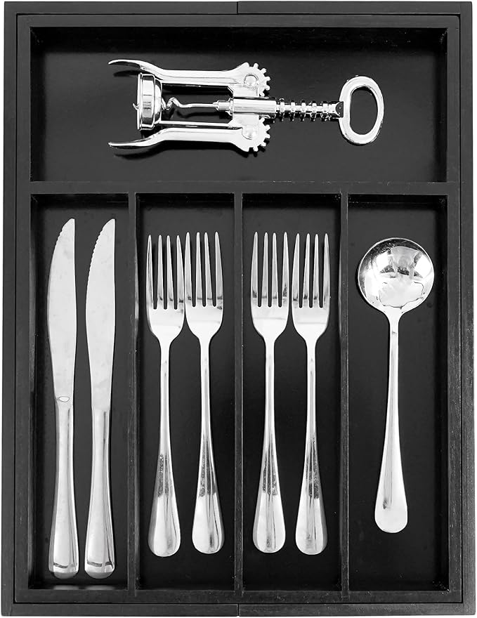 VaeFae Bamboo Drawer Organizer, Expandable Silverware Drawer Organizer, Cutlery Tray with Dividers for Kitchen Utensils (Black, Medium)