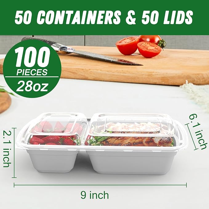 Dealusy 50 Pack (100-Piece) 28 oz Meal Prep Containers Reusable with Lids 2-Compartment, Sturdy Leakproof Food Safe, Microwave Freezer Dishwasher Safe