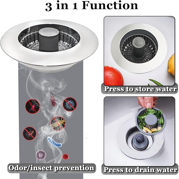 BAOLSLS 3 in 1 Kitchen Sink Stopper, Pop Up Kitchen Sink Drain Strainer, with an Extra Basket Strainer