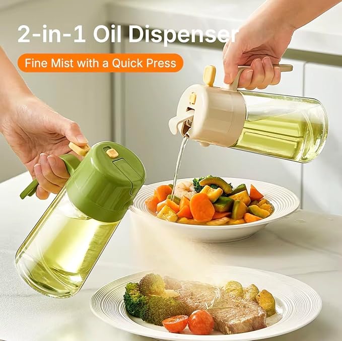 16oz/470ml Glass Olive Oil Sprayer for Cooking with Stickers, 2 in 1 Oil Dispenser for Kitchen Gadgets, Food Grade Premium Spray Bottle with Portion Control for Salad, Frying, BBQ (Green)