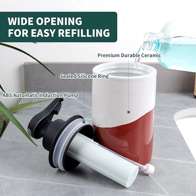 BosilunLife Automatic Soap Dispenser Ceramic Hand Free Soap Dispenser with Waterproof Pump Rechargeable Smart Electric Soap Lotion Dispenser Touchless for Kitchen Bathroom (White-Red, Foam Pump)