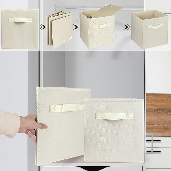 3 Pcs Storage Cubes, 10.5 Inch Collapsible Storage Bins, Fabric Foldable Bins for Organization, Durable Storage Bins for Closet, Shelves, Offices (Beige)