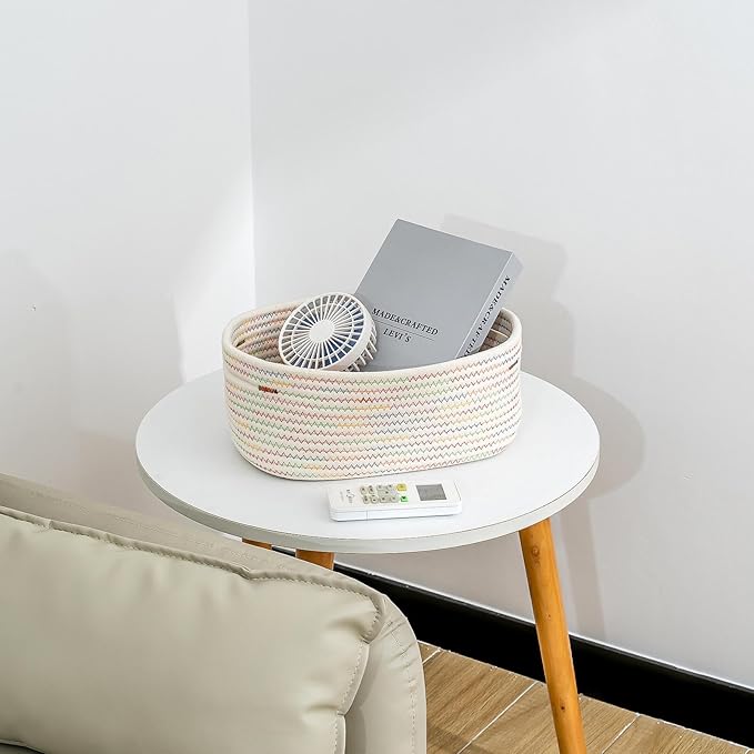 Rectangle Woven Cotton Rope Organizer, Small Rainbow Basket for Kids