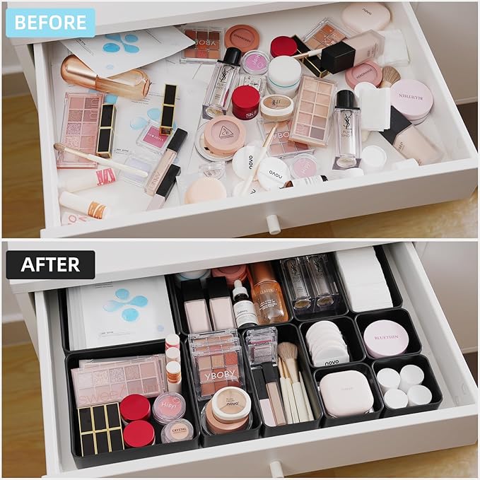 11-Piece Stackable Drawer Organizer Set, Multi-size Desk Drawer Organizer Trays Vanity Storage Bins for Storing Makeup, Stationery