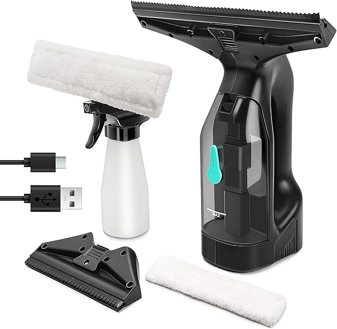 Window Vacuum Cleaner Kit Cordless, 35Min Runtime & 2 Suction Nozzles Cleaning Tool