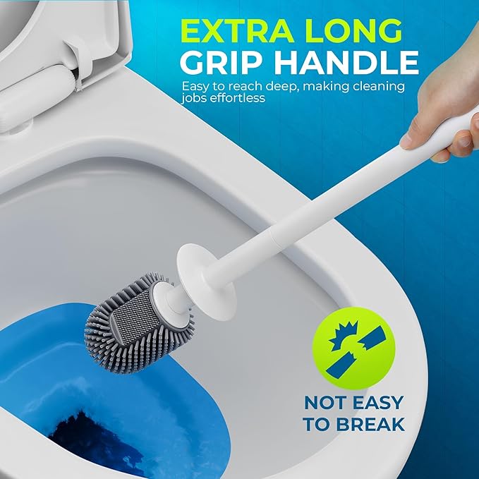 Silicone Toilet Brush, L-Shaped Toilet Brush and Holder Set, Bathroom Toilet Brush with Long Non-Slip Handle, Wall Mounted or Floor Standing Design, for Home and RV Use