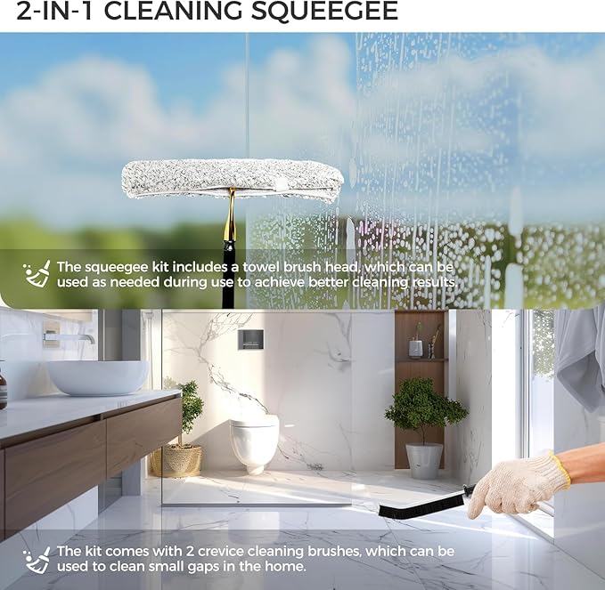 16.7“- 59.5" Long Handle Window Squeegee with Extension Pole, 12.4" Wide Metal Shower Squeegee for Glass Doors