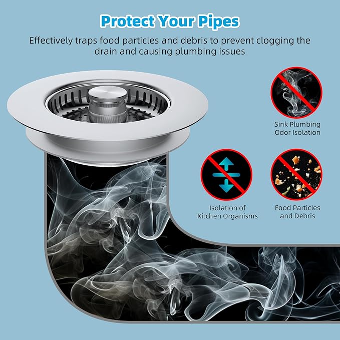Hibbent All Metal Stainless Steel 3 in 1 Kitchen Sink Drain Strainer, Upgraded Anti-Rust Sink Stop Combo, Anti-Clogging Stainless Steel Basket Strainer with Metal Handle for US Standard 3-1/2" Drain