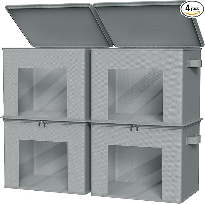 Zilink Fabric Storage Bins with Lid 4-Pack Stackable Closet Storage Bins Sweater Organizer with Zipper & Clear Window Closet Organizers and Storage Box for Home, Bedroom (Light Grey,17" x 12" x 12")