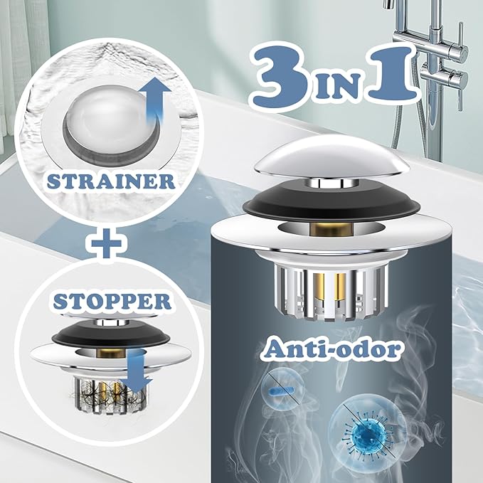 Universal 3 in 1 Bathtub Drain Stopper Bathtub Drain Hair Catcher, Pop-up Tub Stopper with Effective Filter Basket
