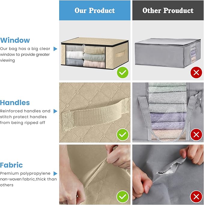 HomeHacks Storage 8-Pack Clothes Organizer Storage Bags Foldable Storage Box with Large Clear Window Sturdy Handles for Closet, Dorm, Pillows, Bedding, Clothes, Blankets, 35L, Beige