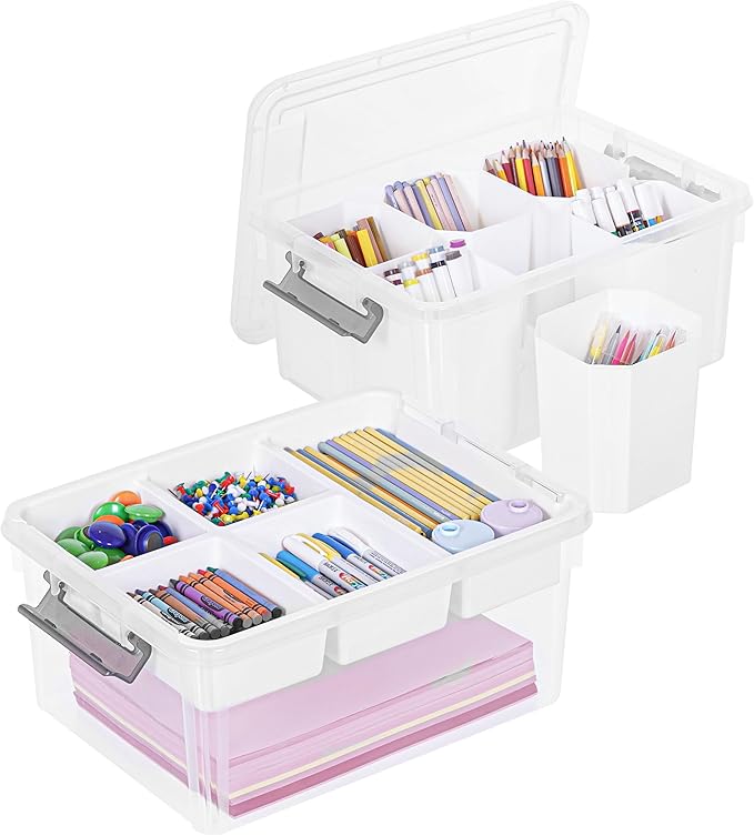 Citylife 17 QT Plastic Storage Box with Removable Tray and 6 Detachable Tall Inserts Craft Organizers and Storage Clear Storage Container for Organizing Crayon, Craft, Sewing, Playdoh, 2 Packs