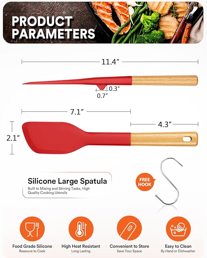 Silicone Everyday Spatula, Great For Stirring, Mixing And Scraping, Sturdy Bpa-Free Matte Silicone, Wooden Handle Rubber Scraper For Nonstick Cookwares (RED)