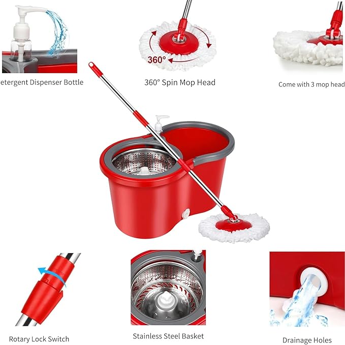 Spin Mop and Bucket Set with Wringer,360° Spinning Mop,for Floor Cleaning,with Adjustable Handle and3 Microfiber Mop Replacement Heads (Red)
