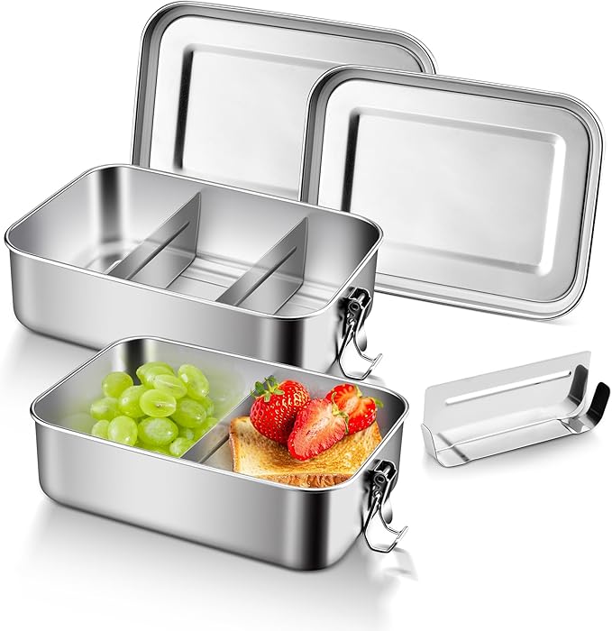 E-far 2 Pieces Stainless Steel Bento Box, Large 1400ml Metal Lunch Box, 49oz Leak-Proof Food Snack Container with Lids and 2 Removable Dividers