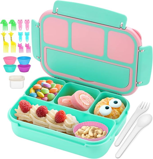 QQKO Bento Box for Kids Adults, School Toddler Lunch Box for Boys Girls, Lunch Box Containers with 4 Compartments, Sauce Container, Utensils