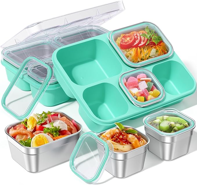 BiuLeon Snackle Box Containers, Stainless Steel 5 Compartments Divided Serving Tray with Lid