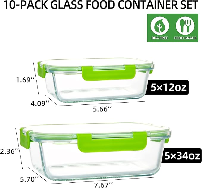 UMEIED 10 PACK Glass Food Storage Containers with Leak Proof Lids, Glass Airtight Meal Prep Containers Set for Lunch, On the Go, Leftover
