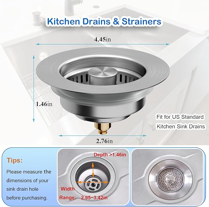3 in 1 Kitchen Sink Drain Strainer Catcher, 304 Stainless Steel Pop Up Sink Stopper with Strainer Basket, Anti-Clog Kitchen Strainer Filter for US Standard 3-1/2 Inch Drain