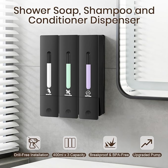 3 Chamber Shampoo and Conditioner Dispenser, No Drill - Wall Mounted Shower Soap Dispenser, Refillable Body Wash Dispenser Set 3, 1200ML Large Capacity, for Bathroom & Hotel, Black