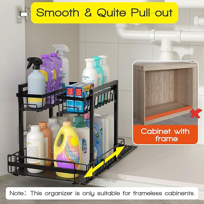 Expandable Under Sink Organizer 2-Tier Black Metal Storage Shelf