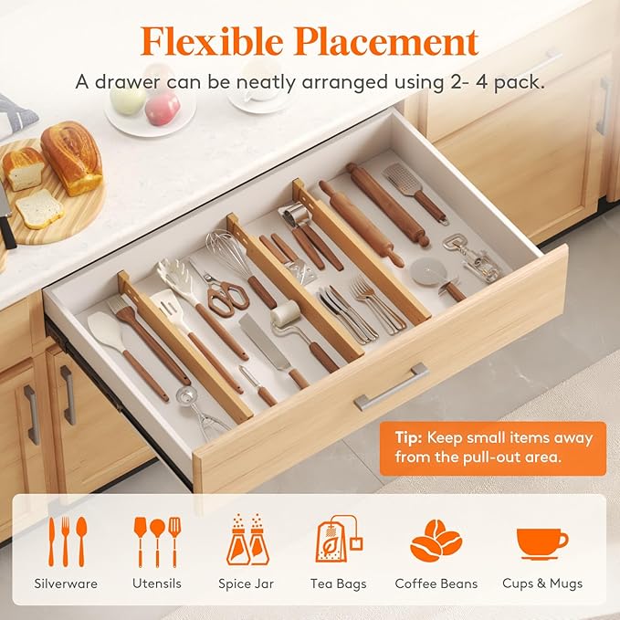 2.4" High 6 Pack Bamboo Drawer Dividers 45-55cm/17.5-22" Adjustable Wooden