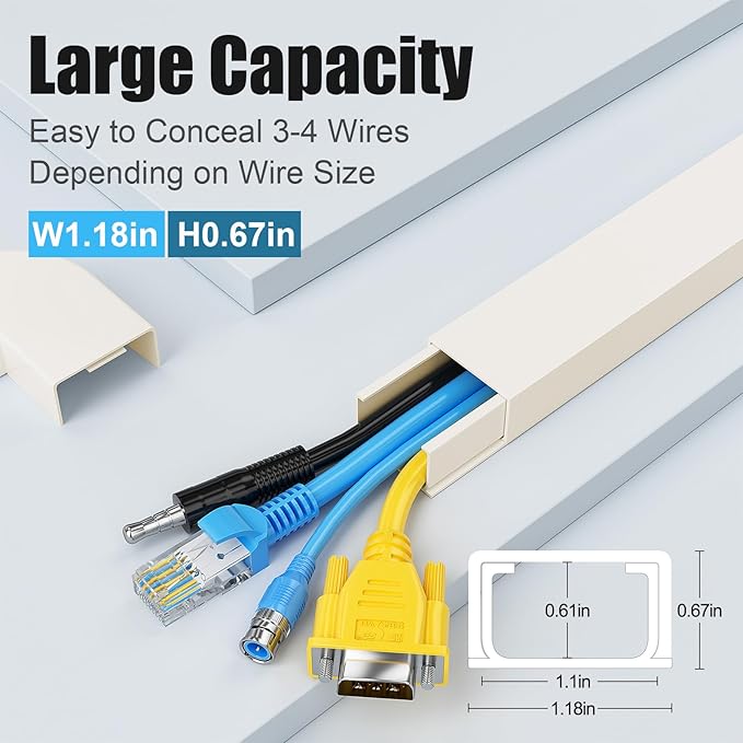 Yecaye Cord Hider, 113in Large Cord Covers for Wires on Wall, Cord Organizer for 3-4 Wires, Easy Install Cable Management Kit, TV Wire Hider for Home Office, W1.18in H0.67in, Beige