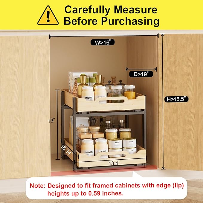 Golener Pull Out Cabinet Organizer - 2-Tier Slide Out Bamboo Drawers for Kitchen Cabinets, Bathroom Organizers and Storage, Under Sink Organizer for Kitchen Storage Organization with Coated Iron Frame