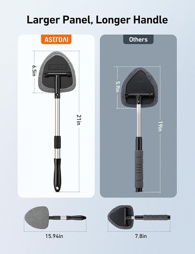 AstroAI Windshield Cleaner Tool, Car Interior Detailing Cleaning Kit with Extendable Handle and 4 Upgraded High-Density Reusable Microfiber Pads