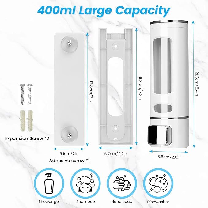 Foam Hand Liquid Soap Dispenser, 400ml Bathroom Shower Dispenser Gel Container Shower Pump Dispenser and Organizer for Bathroom Kitchen Hotel, Refillable Liquid Lotion Soap Dispenser Wall Mounted