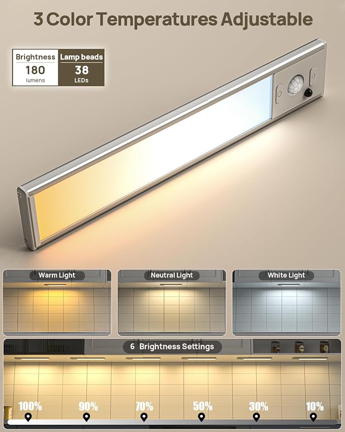 9" Under Cabinet Lights Wireless, Motion Sensor Light Indoor with Remote, LED Rechargeable Closet Light, 3 Color Temps, Dimmable, Magnetic, Under Counter Lights for Kitchen, Stairs, Pantry, Hallway