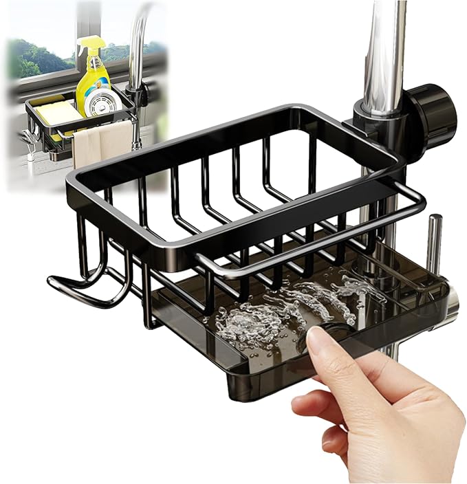 Sink Organizer Rack for Kitchen and Bathroom, 2025 New Stainless Steel Detachable Hanging Faucet Drain Rack with Drip Tray Faucet Sponge Holder for Bathroom, Scrubbers, Soap (Black, Left)